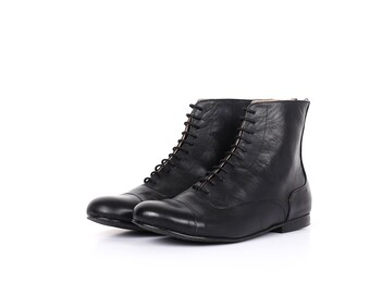 Black boots, black Booties shoes, flat Boots, mid calf leather boots handmade womens shoes free shipping , adikilav