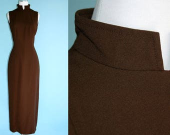 1990s Chocolate Brown Dress // 90s Rich Brown Long Dress with Mandarin Collar