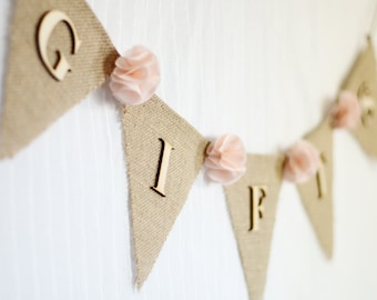 burlap wedding gifts banner / blush pale pink / shabby chic rustic wedding decoration / bridal baby shower / fabric flowers gift table sign