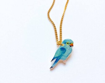 Hand drawn Parakeet Parrot Necklace. Bird Necklace. Parrot Jewellery