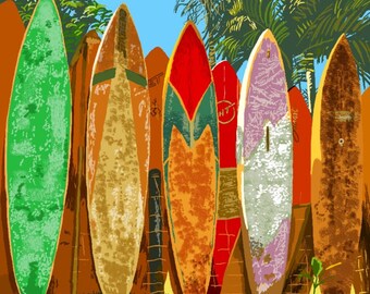 Rincon, Puerto Rico - Surfboard Fence - Lantern Press Artwork (Art Print - Multiple Sizes Available)