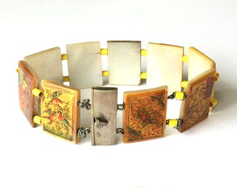 Antique Silver Persian Hand Painted Storybook Panel Bracelet