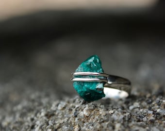 One of a Kind Raw Dioptase Ring Wrapped in Sterling Silver with a Sterling Silver Band SIZE 0 OR 7