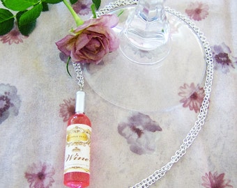 Rose' wine bottle pendant necklace - wine jewelry - plastic wine pendant - silver chain necklace - mini wine bottle necklace - wine gift