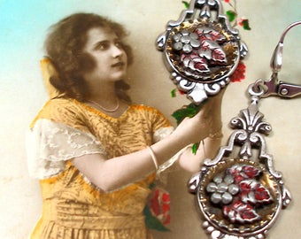 Antique BUTTON earrings, Victorian flowers in red on silver. OOAK one of a kind button jewellery.