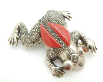 Solid Vintage Sterling Silver/925 Marcasite, Red Chalcedony & Garnet Frog Pin/Brooch; sku # 2631
