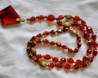 Stand Out Red Czech Glass Bead Necklace with Huge Faceted Drop