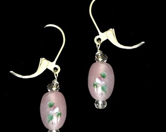 Pink Floral Delicate Lampwork Earrings with Swarovski Crystals