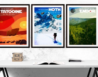 Set of Three - Star Wars Travel Poster Prints - Hoth - Endor - Tatooine (Available In Many Sizes)