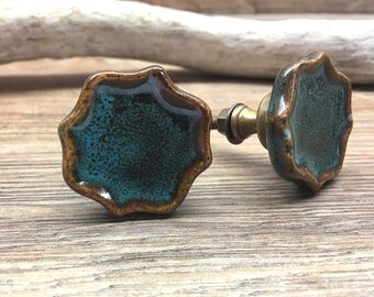 SET OF 2 - Teal and Brown Concave Ceramic Knob - Gilt Cabinet Decor