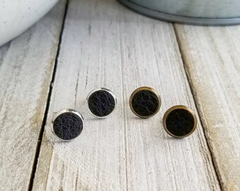 Leather Stud Earrings, Black Leather Studs, Circle Studs, Nickel Free Posts, Boho Leather Earrings, Minimalist Studs, Silver Studs, 10mm