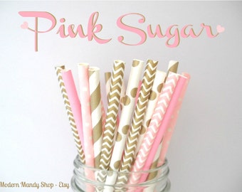 Mixed Paper Straws in Pink and Gold (Pink Sugar - Pack of 25 or 50 Straws) **Weddings, Parties, Showers, Gifts** Pink and Gold Parties