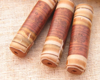 ONLY SET Rusty Brown - Striped Wildflower Tube Beads - handpainted polymer clay striped rustic chunky boho chic - set of 3 (ready to ship)