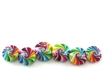 Swirl lentil beads with silver, Polymer clay beads in rainbow colors, combination of 3 pairs of beads, colorful focal beads, craft supplies