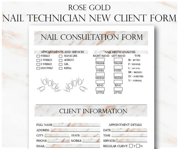 Rose Gold Nail Technician New Client Form And Service Record