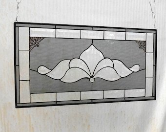 Traditional Vintage Look Victorian Stained Glass Panel Window Treatment with Bevel accents, Glass Window Valance, Stained Glass Transom