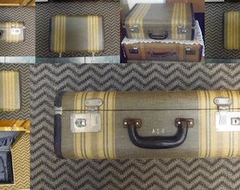 SALE-Vintage Striped Tweed Suitcase A.S.H. Leather Trim Key