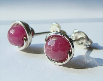 Faceted Ruby Studs Small Ruby Post Earrings Wire Wrapped in Sterling Silver Earrings Ruby Studs Birthstone Earrings