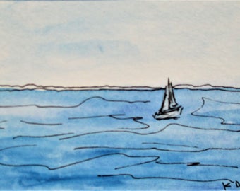 Sailing the Ocean Blue Original Seascape Painting Watercolor Painting Pen Ink Drawing Art by Kathleen Daughan Massachusetts Western Avenue