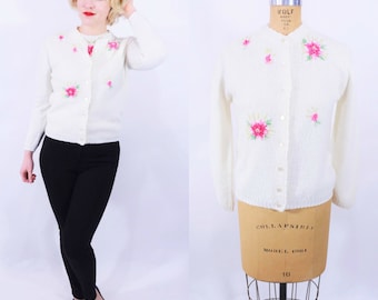 1960s sweater set | white pink floral acrylic sweater set | vintage 60s cardigan | W 29"
