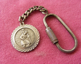 C) Vintage Sterling Silver Charm Old watch fob chain with St Christopher