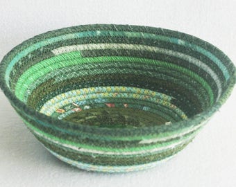 Fabric Coiled Basket / Coiled Clothesline Bowl / Rope Basket / Fabric Pottery / Eco Green Medium Oval by PrairieThreads
