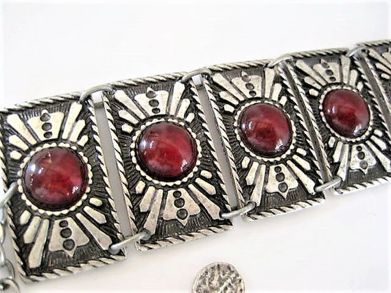 Silver Lucite Bracelet, Red Lucite, Silver Panel Bracelet, Stamped Boho Links, Southwestern Style, Chain Extender