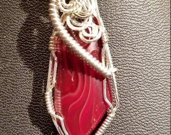 Red glass slag pendant necklace in sterling silver