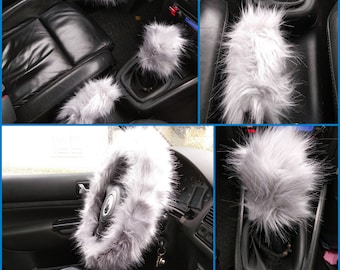Gray Fuzzy Car Set, 3 pcs Fuzzy Set, Car accessories, Fuzzy Car Accessories Set, Faux Fur Steering Wheel Cover