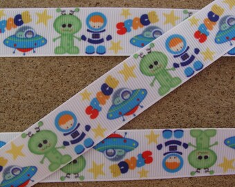 3 yards Space Ship Martians Aliens Outer Space Grosgrain Ribbon 7/8" Kids Cartoon print ribbon Hair Bows Ribbons