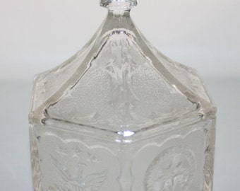 Vintage Indiana Glass Bicentennial 6-Sided Double Eagle Candy Dish with Lid, Circa 1976
