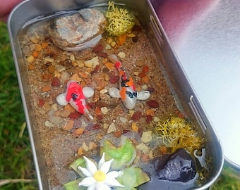 Pond in your pocket Miniature fish pond in a tin can with lid koi carp ooak for miniature collectors or fairy gardens scenes