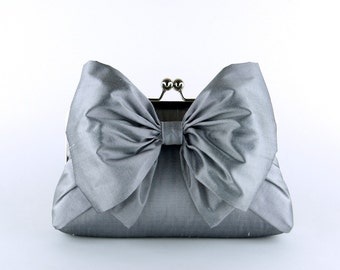 Silk Bow Clutch in Silver, wedding clutch, wedding bag, bridesmaid clutch, Bridal clutch