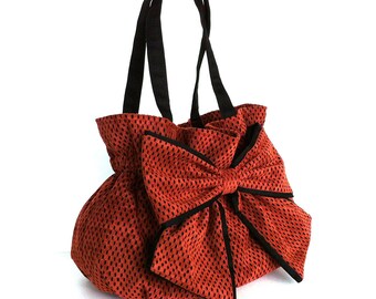 Bow purse , Ultra suede handmade bow handbag in rust and black , Top handle purse , Vegan fashion bag , Fabric bag , Wommen fabric purse