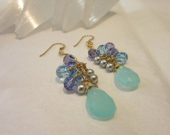 Agate jewelry Chalcedony earrings Aqua chalcedony cluster earrings Agate Earrings aqua and tanzanite earrings