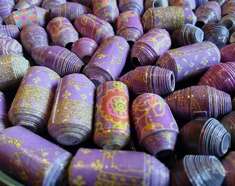 Hand Rolled Chunky Paper Beads. Purple mixed lot with Glitter accents. Barrel/Bicone Style's 12 pcs. + 2 bonus beads e-003
