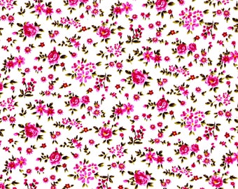 Tissu coton fleuri avec petites roses roses - tissu pour pqtchwork et loisirs créatifs -