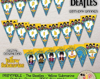 PRINTABLE - The Beatles - Cute cartoon - Yellow Submarine - John Lennon, Paul McCartney, George Harrison, Ringo Starr - Birthday Garland