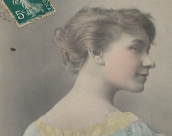 1900s French postcard, Actress in profile. RPPC real photo postcard, paper ephemera.