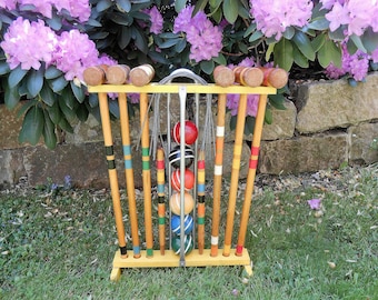 Complete Wooden Croquet Set with Yellow Wood Stand Six Players Striped Balls Lawn Game Photo Prop Picnic Outdoor Game Croquet Set Wedding