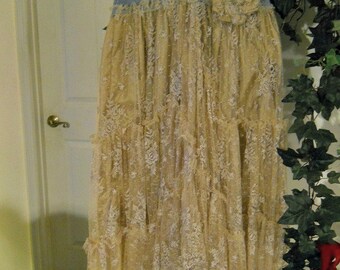 Belle Bohémienne ballroom jean skirt exquisite vintage lace ruffled fairy rose pin rhinestones Renaissance Denim Couture Made to Order