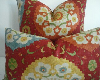BOTH SIDES -Suzani Decorative Pillow cover--- Designer Fabric--Primary Colors---Red-Yellow-blue-Throw /Lumbar Pillow