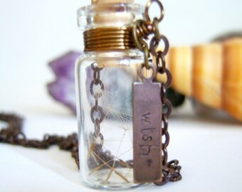 Glass Vial Necklace Glass Bottle Necklace Make a Wish Necklace with Dandelion Seeds Antique Brass