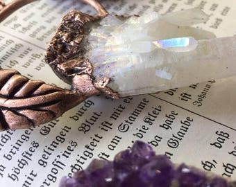 Angel Aura Quartz Necklace Pendant with Copperformed Feather -- Bohemian Goddess Necklace