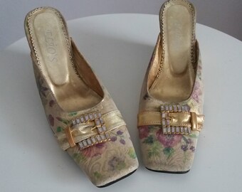 Vintage 1960s leather sandals | 60s leather wedge sandals | 1960s brocade mules