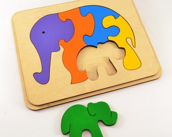 Wooden Toys Wooden puzzle Chrisrmas baby gifts Wooden animal gift Educational toy Animal puzzle Elephants family Haloween baby gift Gift 1st