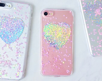 Holographic Pink Hearts Silicone iPhone Case - iPhone 6, 6s, 6 Plus, 6s Plus, 7, 7 Plus, 8, 8 Plus, X