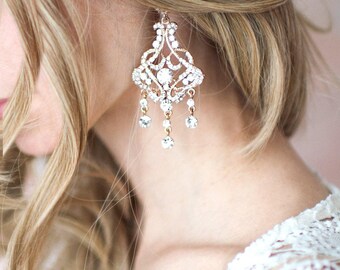 Vintage Style Statement Bridal Earrings, Weddings Earrings Gold, Rose Gold, Silver, Crystal Chandelier Earrings - 'FELICITY'