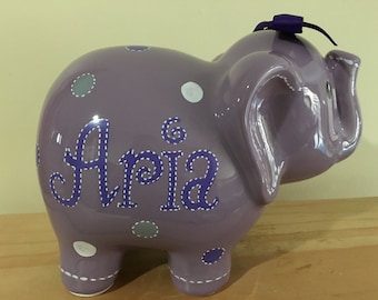 Personalized Lavender Large Elephant Piggy Bank polka dots Newborns , Birthday,Girls ,, Flower Girl,Baby Shower Gift Centerpiece