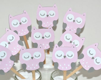 12 Pink Owl Cupcake Toppers / Owl Birthday / Owl Baby Shower Decorations / Owl Invitation / Owl Party Decor / Owl Birthday Party Supplies